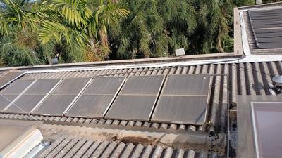 Fileira de painéis solares térmicos no telhado, com palmeiras ao fundo
